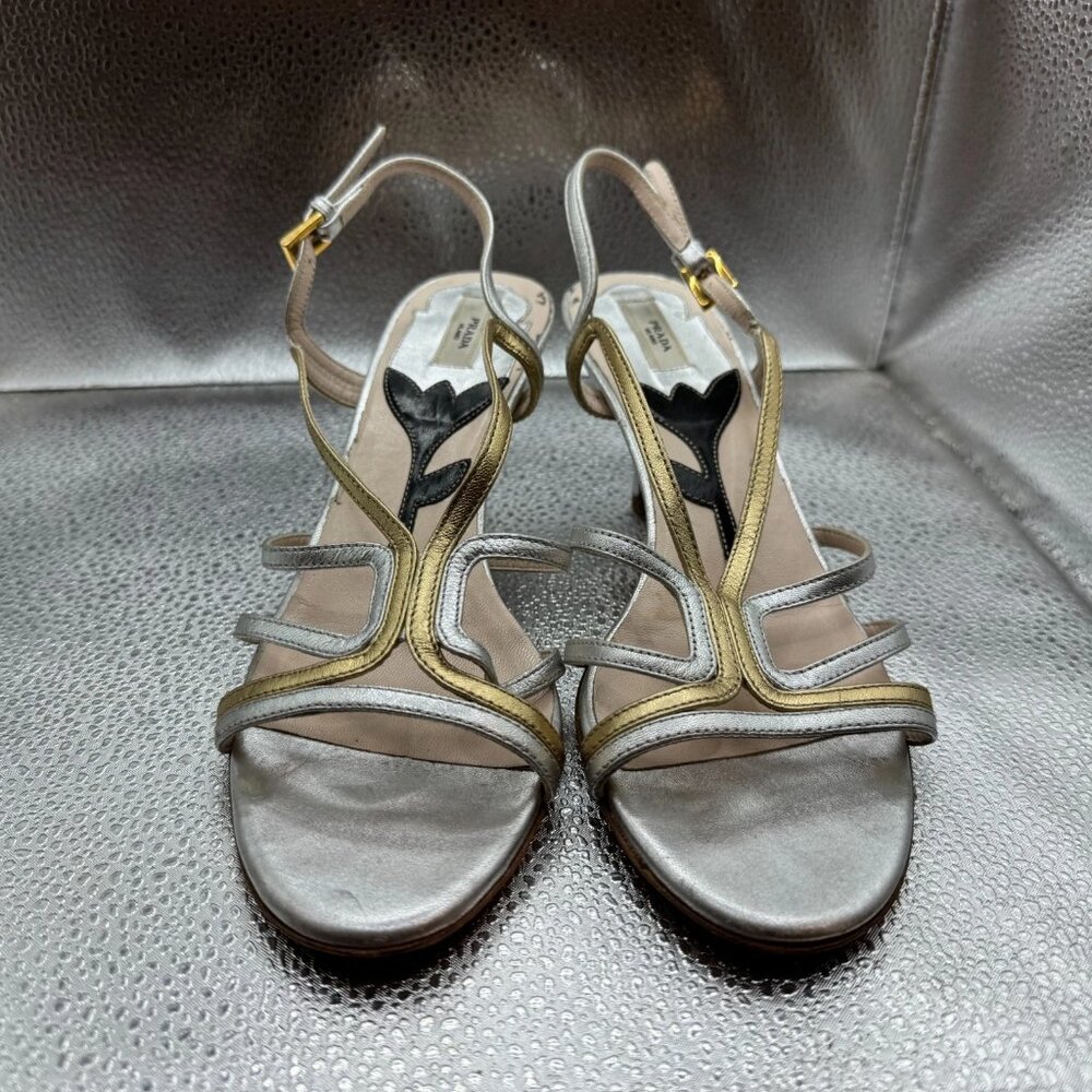 Size EU 35.5 Prada Platinum Gold Womens Leather Strappy Stiletto‎ Heel Sandals - Picture 3 of 9